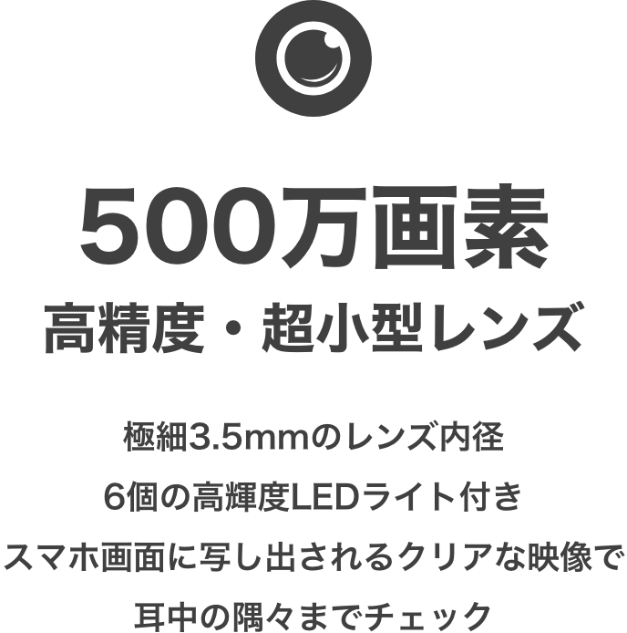 500万画素 高精度・超小型レンズ 極細3.5mmのレンズ内径 6個の高輝度LEDライト付き スマホ画面に写し出される クリアな映像で耳中の隅々までチェック